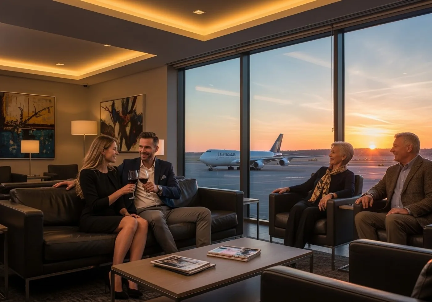 Luxury airport lounge interior with warm lighting and plush seating